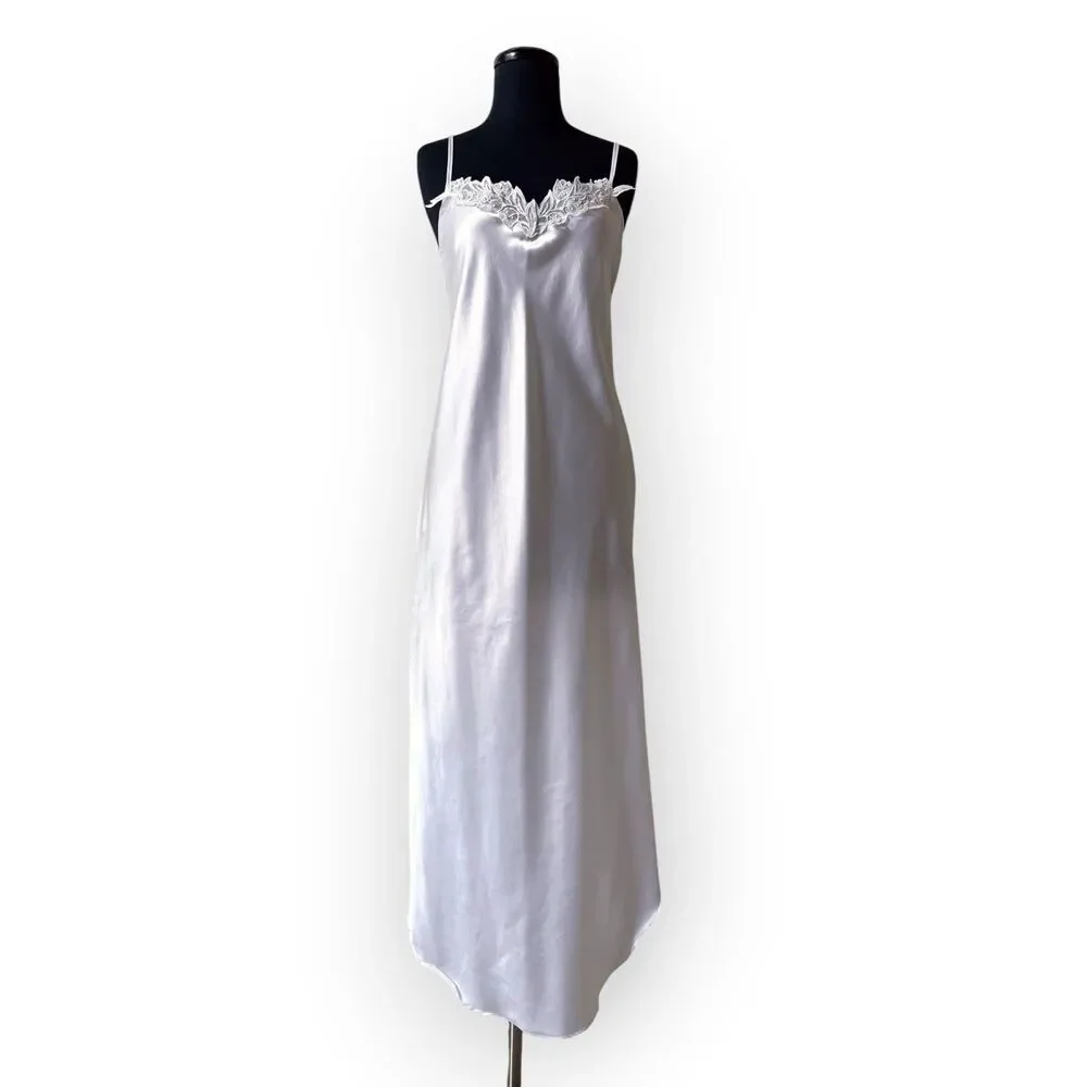 VTG Faris White Satin Slip Dress Large Maxi Open Back Bridal Lingerie 90s USA